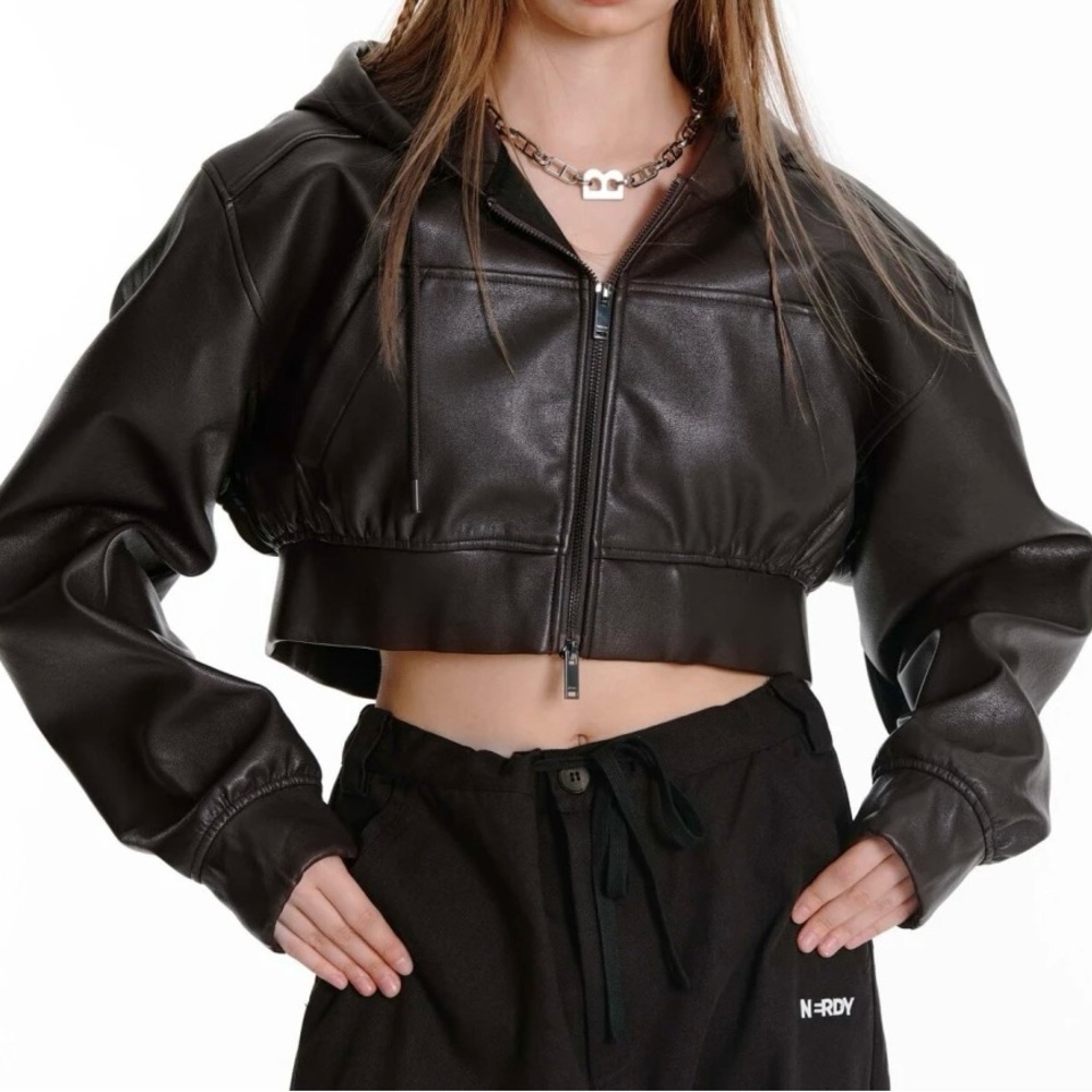 Nerdy Brown Faux Leather Cropped Jacket Hood XS Extra Small Y2K Streetwear 00s